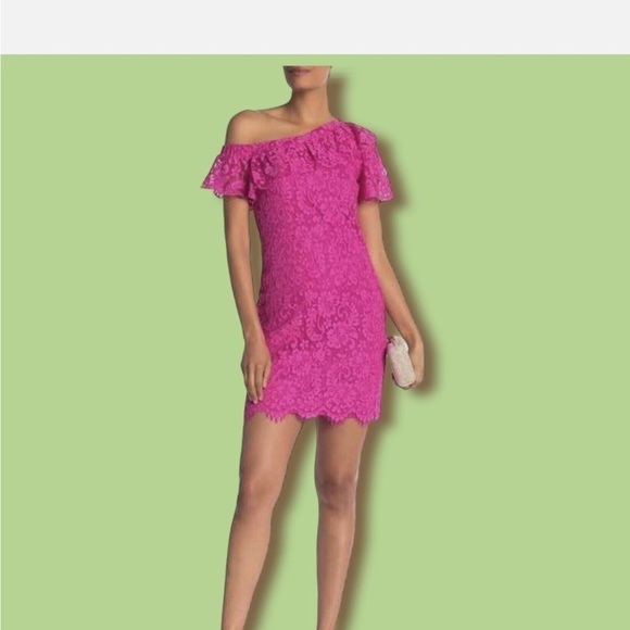 Trina Trina Turk Glorieta Off-the-Shoulder Lace Pink Dress Size 12 - Picture 2 of 8